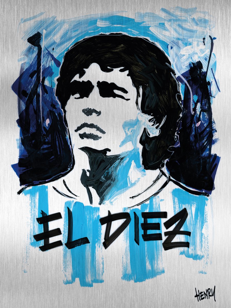 MARADONA * EL DIEZ * - uniek sign painted kunstwerk op geborsteld aluminium 60 x 80 cm