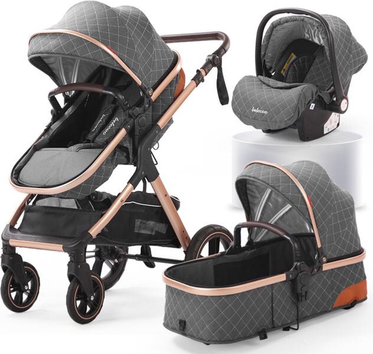 Belecoo Luxe Landau 3 en 1 Poussette Bébé pliante Landau avec nacelle et siège...