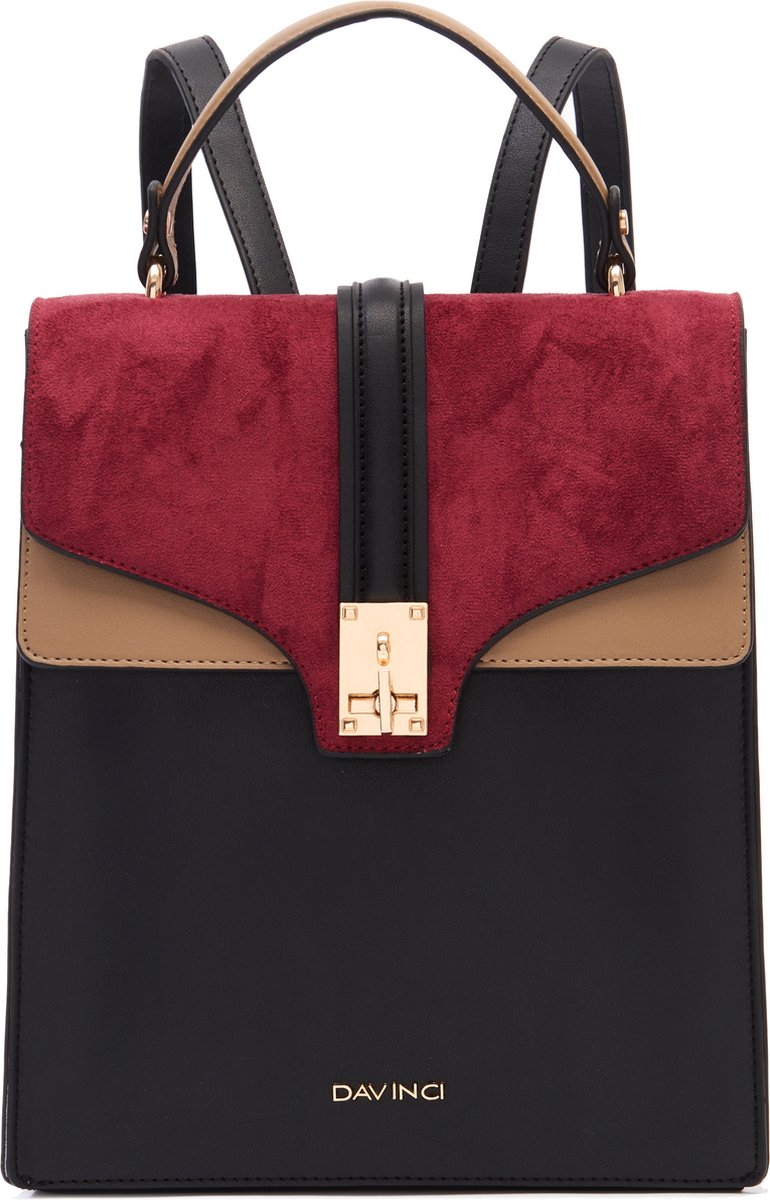 DaVinci - Stijlvolle rugzak Genoa voor dames. Bordeaux rood, licht bruin, zwart