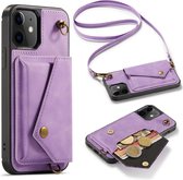 Casemania Hoesje Geschikt voor Apple iPhone 12 & 12 Pro Bright Lila - Luxe Back Cover met Koord - Wallet Case - Pasjeshouder