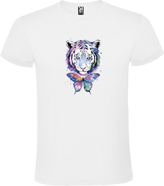 Wit t-shirt met grote print 'prachtige Tijger en Vlinder in pasteltinten'