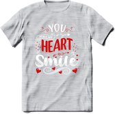 You Make My Heart Smile - Valentijn T-Shirt | Grappig Valentijnsdag Cadeautje voor Hem en Haar | Dames - Heren - Unisex | Kleding Cadeau | - Licht Grijs - Gemaleerd - XL