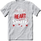 You Make My Heart Smile - Valentijn T-Shirt | Grappig Valentijnsdag Cadeautje voor Hem en Haar | Dames - Heren - Unisex | Kleding Cadeau | - Licht Grijs - Gemaleerd - M