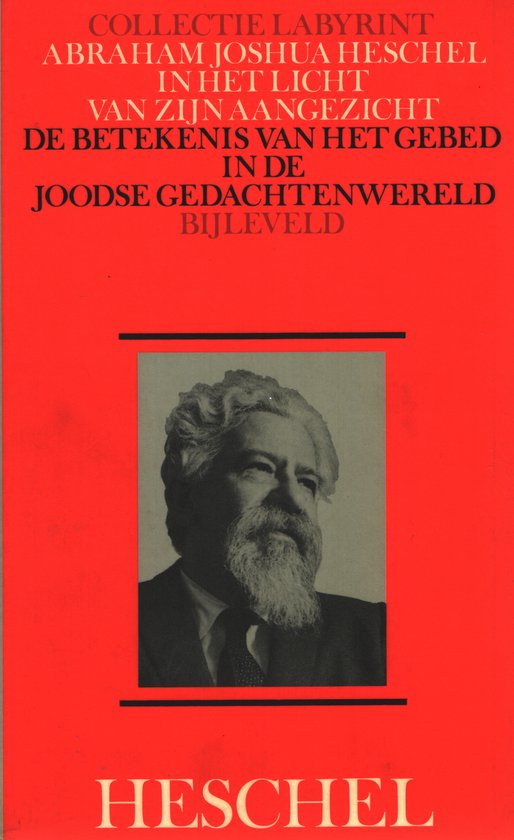 Zwart-witportret van Abraham Joshua Heschel met baard, op rode achtergrond, met titel "IN HET LICHT VAN ZIJN AANGEZICHT".
