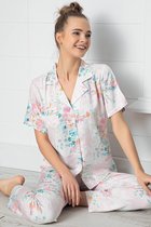 Seamlife Homewear - Luxe Dames Pyjama Set - Maat (L) - 100% Biologisch Katoen Satijn - Korte Mouwen - Lichtroze Flowers