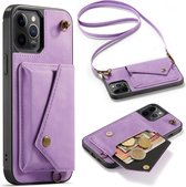 iPhone 12 Pro Max Casemania Hoesje Bright Lila - Luxe Back Cover met Koord - Wallet Case - Pasjeshouder