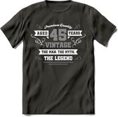 45 Jaar Legend T-Shirt | Zilver - Wit | Grappig Verjaardag en Feest Cadeau | Dames - Heren - Unisex | Kleding Kado | - Donker Grijs - L