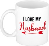I love my husband cadeau koffiemok / theebeker wit met Cupido pijl - 300 ml - valentijn cadeautje / huwelijkscadeau voor hem