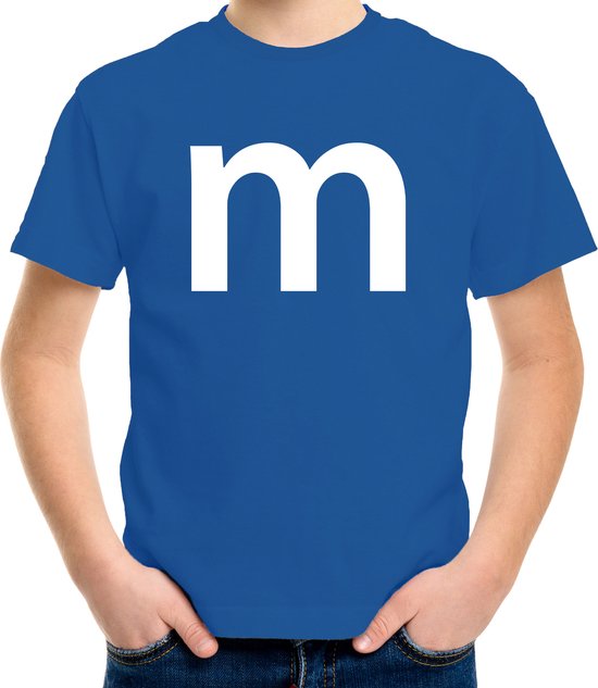 Letter M verkleed/ carnaval t-shirt blauw voor kinderen - M en M carnavalskleding / feest shirt kleding / kostuum 158/164