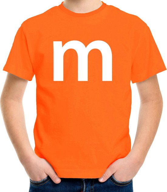 Letter M verkleed/ carnaval t-shirt oranje voor kinderen - M en M carnavalskleding / feest shirt kleding / kostuum 158/164