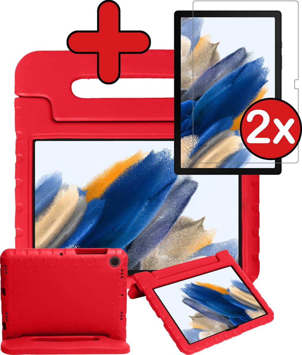 Hoes Geschikt voor Samsung Galaxy Tab A8 Hoes Kinder Hoesje Kids Case Cover Kidsproof Met 2x Screenprotector - Hoesje Geschikt voor Samsung Tab A8 Hoesje Kinder Hoesje - Rood
