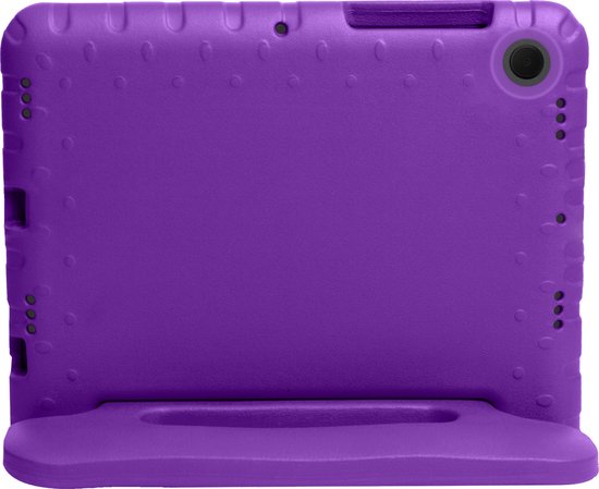 Paars kinderhoes voor tablet met standfunctie en uitsparingen voor camera en knoppen.