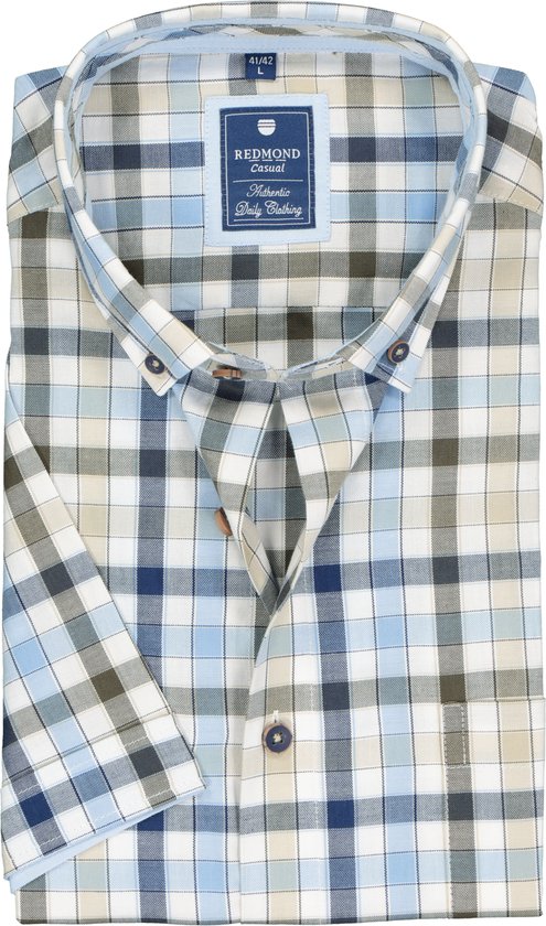 Redmond regular fit overhemd - korte mouw - Oxford - blauw - wit en kaki  geruit -... | bol.com