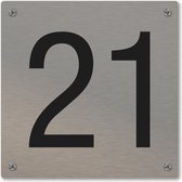 Huisnummerbord - huisnummer 21 - voordeur - 12 x 12 cm - rvs look - schroeven - naambordje nummerbord