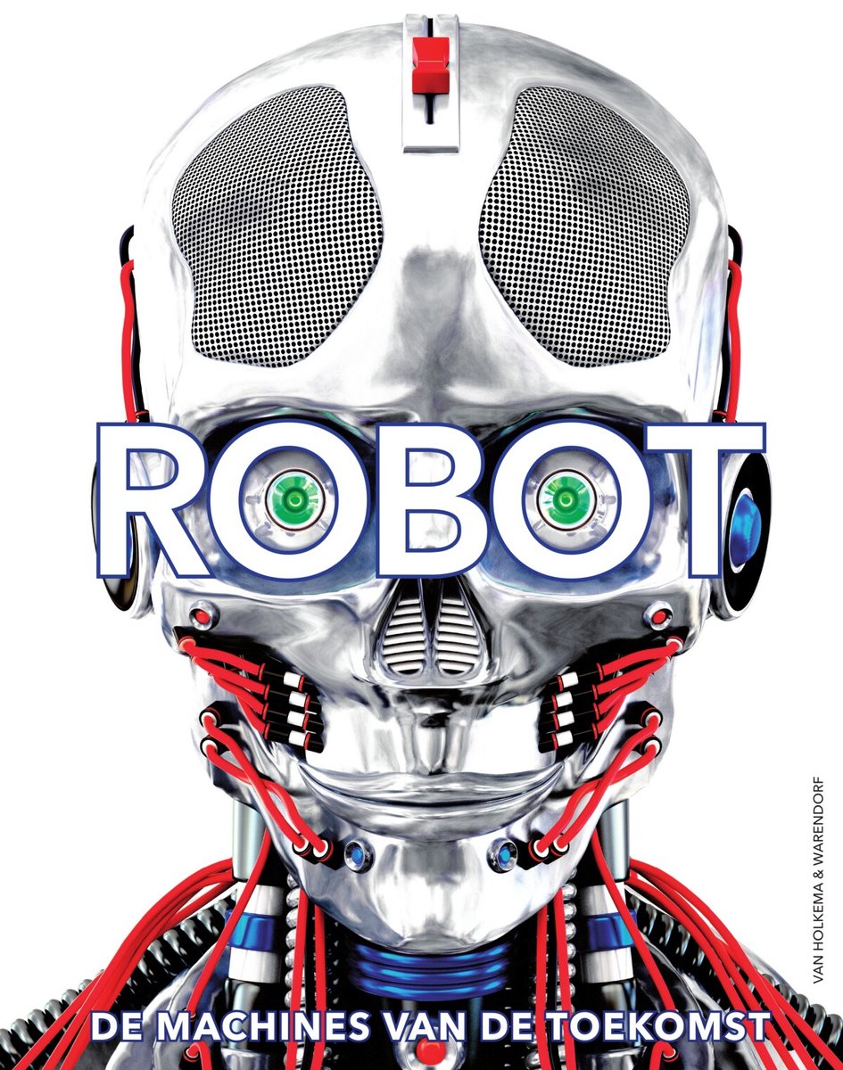 Zilverkleurige robot met de tekst 'ROBOT' en groene ogen.