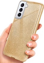 HB Hoesje Geschikt voor Samsung Galaxy S21 FE Goud - Glitter Back Cover