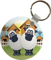 Sleutelhanger - Een illustratie van twee schapen voor een boerderij - Plastic - Rond - Uitdeelcadeautjes