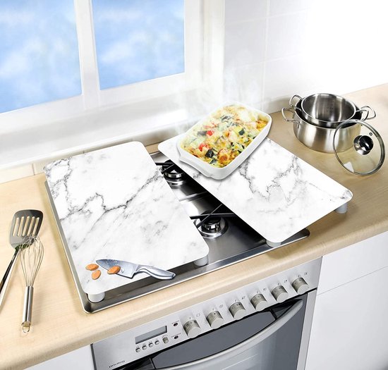 Wenko 53872100 Fornuisafdekplaat beton, set van 2, kookplaatafdekking en glazen snijplank,30 x 0,8 x 52 cm,Multi-kleuren