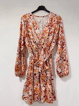 Jurk Kylie - Satijnen Mini jurk met Bloemetjes - Bruin/Oranje - One size