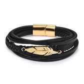 Bixorp - Gevlochten Herenarmband van Faux Leer met Goudkleurig blad - Zwarte Imitatieleer Armband voor Mannen - Zwarte armband met Stainless Steel Goudkleurige Details