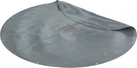 Ronde grijze Akrobat trampoline-afdekhoes met centraal ventilatierooster en metalen oogjes aan de rand.