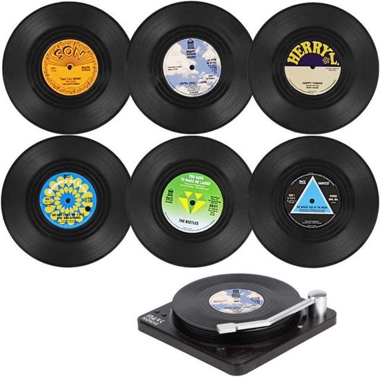 Vinyl Platen Onderzetters Met Platenspeler - 6 Stuks - LP Onderzetters - Onderzetters Voor Glazen - Anti-Slip - Vinyl - Platenspeler - Langspeelplaat - Rond - Vintage - Party - Muziek - Glazenonderzetter - Platen