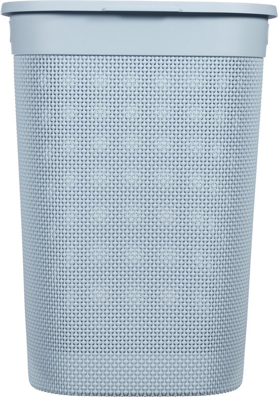 Blauwe wasmand met een gedetailleerd gestructureerd oppervlak en een deksel met handgrepen.
