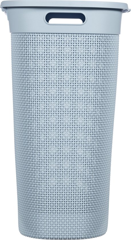Blauwe wasmand met een gedetailleerd gestructureerd oppervlak en een deksel met handgrepen.