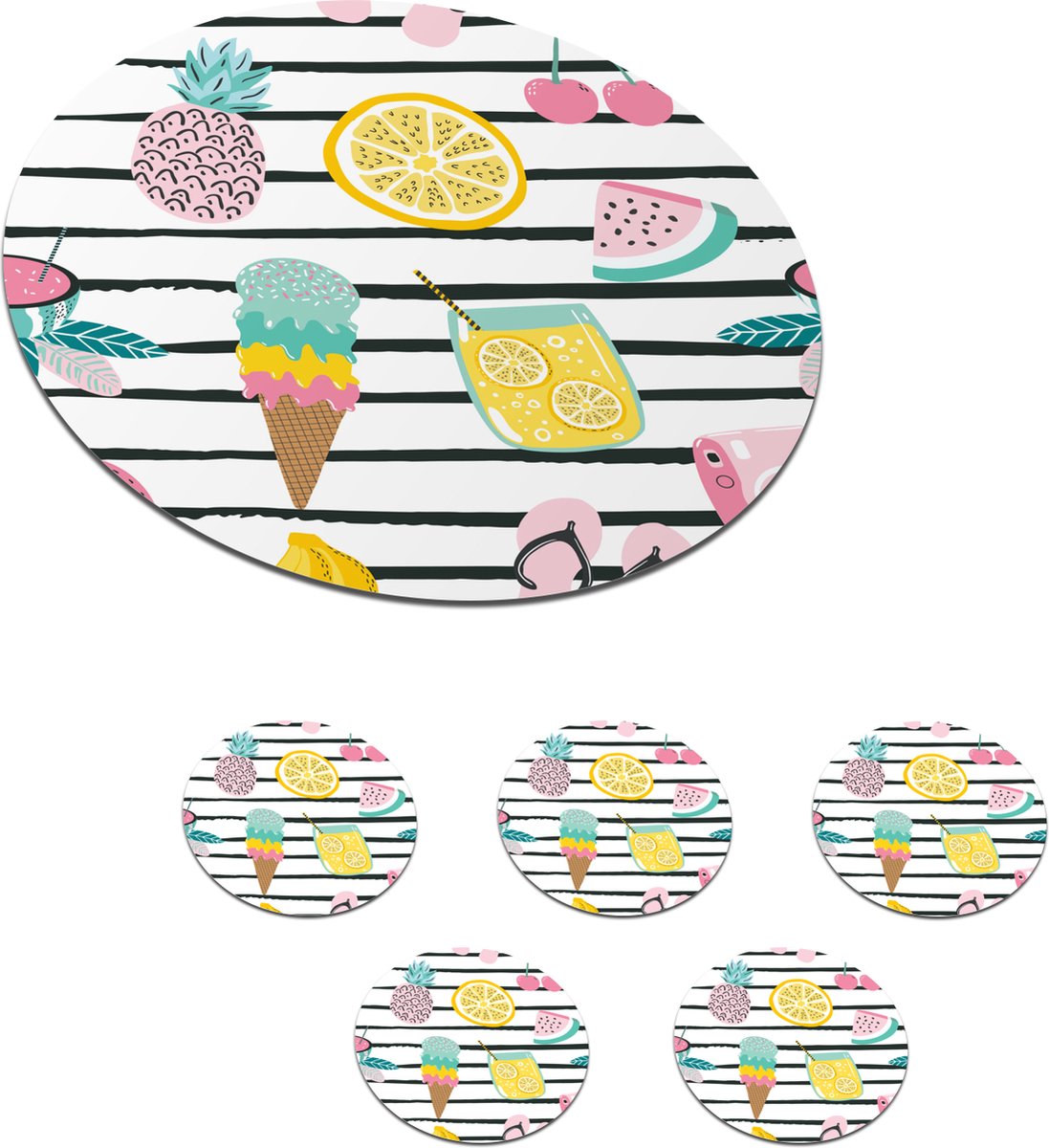 Onderzetters voor glazen - Rond - Zomer - Elementen - Pastel - 10x10 cm - Glasonderzetters - 6 stuks