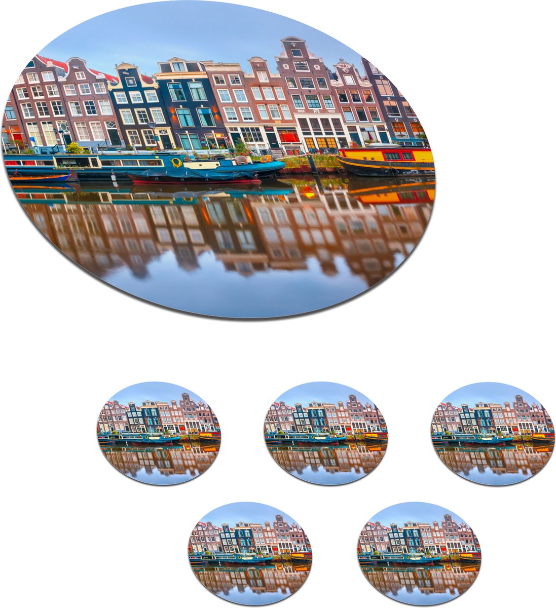 Onderzetters voor glazen - Rond - Water - Boot - Amsterdam - 10x10 cm - Glasonderzetters - 6 stuks