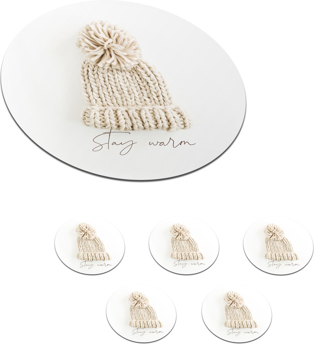 Onderzetters voor glazen - Rond - Muts - Winter - Wit - 10x10 cm - Glasonderzetters - 6 stuks
