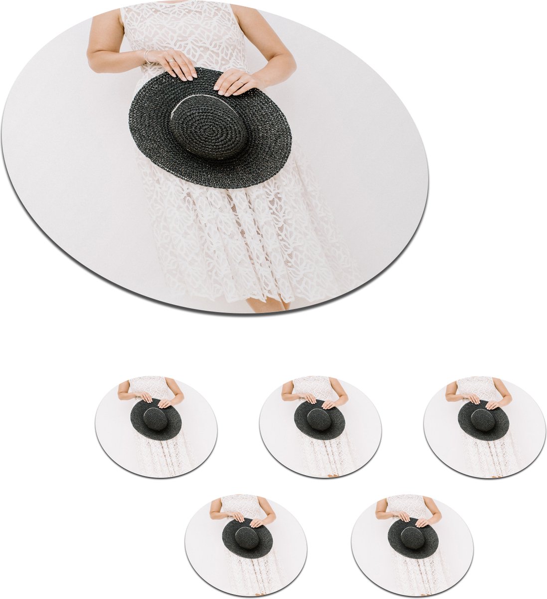 Onderzetters voor glazen - Rond - Hoed - Wit - Tropisch - 10x10 cm - Glasonderzetters - 6 stuks