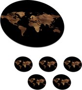Onderzetters voor glazen - Rond - Wereldkaart - Goud - Zwart - 10x10 cm - Glasonderzetters - 6 stuks