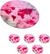 Onderzetters voor glazen - Rond - Wereldkaart - Kranten - Roze - 10x10 cm - Glasonderzetters - 6 stuks