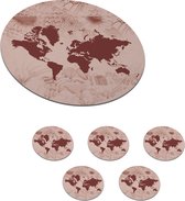 Onderzetters voor glazen - Rond - Wereldkaart - Rood - Planten - 10x10 cm - Glasonderzetters - 6 stuks
