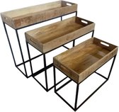 Sidetable set van 3, 100x35x85/85x35x70/70x35x55 mangohout en metaal