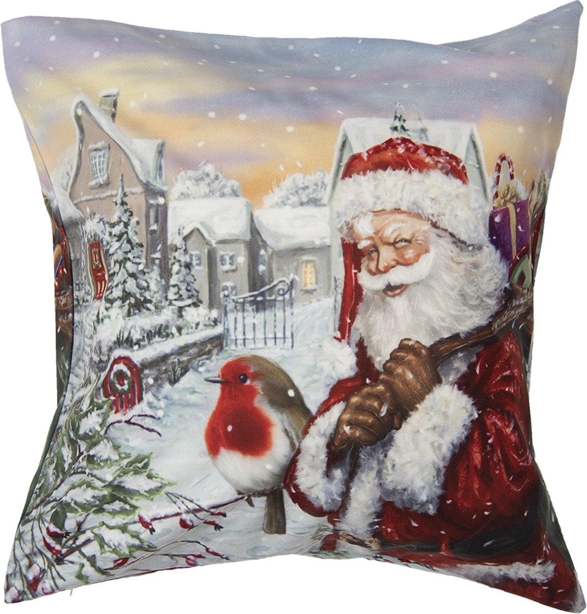 Clayre & Eef Kussenhoes 45x45 cm Wit Polyester Vierkant Kerstman Sierkussenhoes