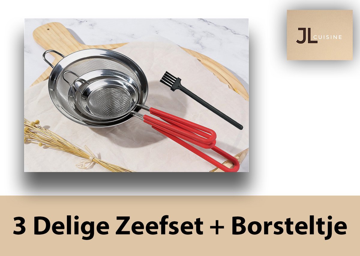 3 Delige Zeef Set + gratis Borsteltje - Vergiet - RVS + Siliconen handvat - Ergonomisch - Klein Ø10 / Medium Ø15 / Groot Ø20 - Kwalitatief 2021 Design - Gift set - JLCuisine
