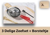 3 Delige Zeef Set + gratis Borsteltje - Vergiet - RVS + Siliconen handvat - Ergonomisch - Klein Ø10 / Medium Ø15 / Groot Ø20 - Kwalitatief 2021 Design - Gift set