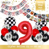Cijfer Ballon 9 Jaar * Hoera 9 Jaar Snoes *Mega Pack Red Racing Formule 1 Verjaardag Set van 21 Ballonnen 19 x en 2 x DIY Slinger Happy Birthday & Race items * 80 cm Verjaardag Num