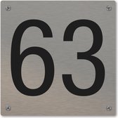 Huisnummerbord - huisnummer 63 - voordeur - 12 x 12 cm - rvs look - schroeven - naambordje nummerbord