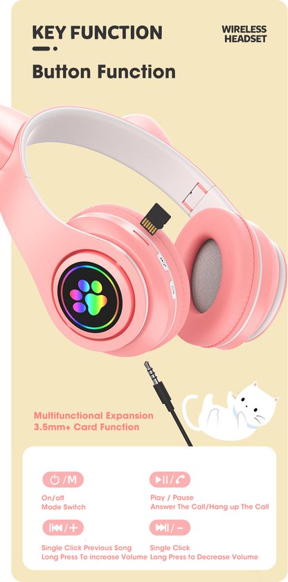 Kinder Hoofdtelefoon-Draadloze Koptelefoon-Kids Headset-Over Ear-Bluetooth-Microfoon-Katten Oortjes-Led Verlichting-Roze - Merkloos