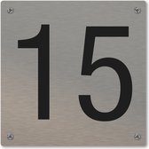 Huisnummerbord - huisnummer 15 - voordeur - 12 x 12 cm - rvs look - schroeven - naambordje nummerbord