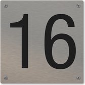 Huisnummerbord - huisnummer 16 - voordeur - 12 x 12 cm - rvs look - schroeven - naambordje nummerbord