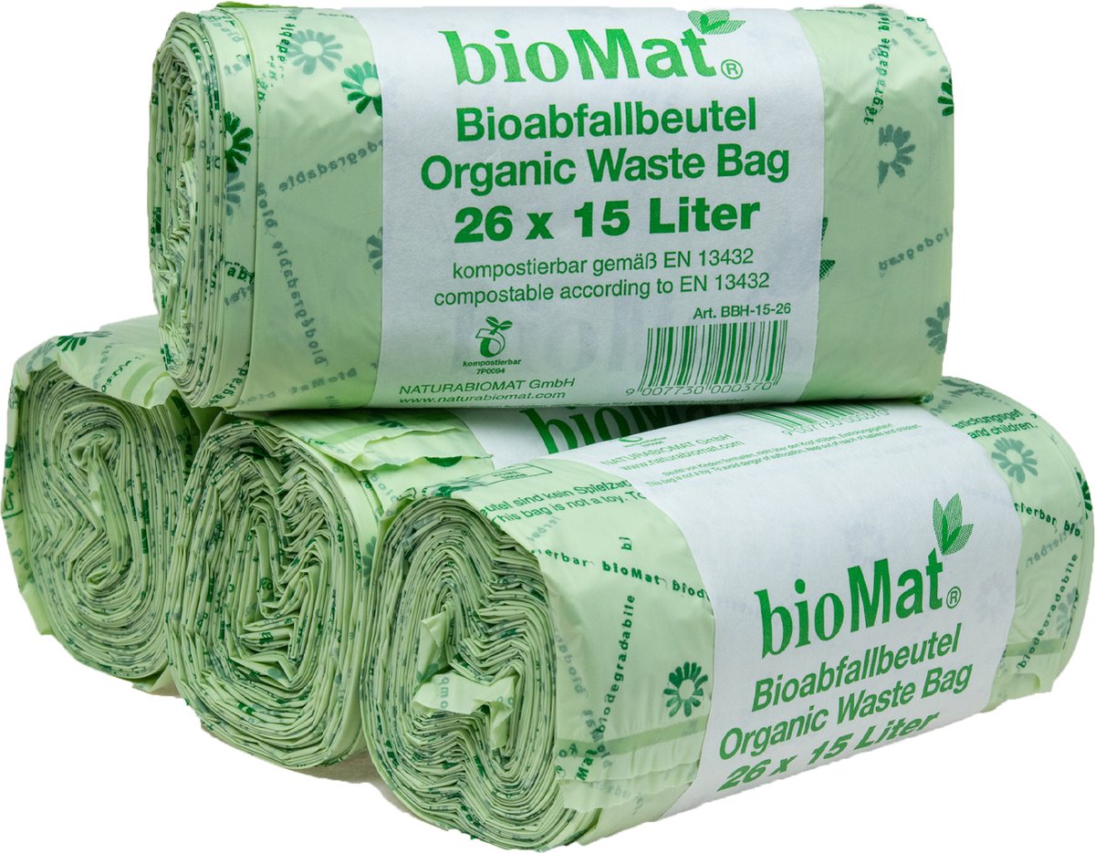 BioMat composteerbare afvalzakken met handgrepen - 104 x 15/20 liter - 4 rollen