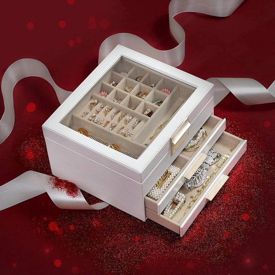 Boîte À Bijoux 2 Niveaux Avec Grand Miroir Aspect Cuir, Boucles D