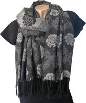 Lange Warme Dames Sjaal - Bloemenprint - 2-Zijdig - Zwart - Grijs - 180 x 65 cm