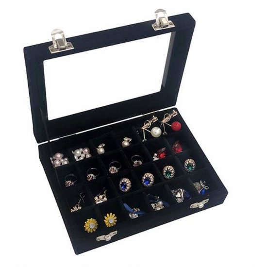 Boîte à bijoux avec 24 compartiments - Boîte à bijoux avec couvercle - Présentoir - Organisateur - Velours - Zwart
