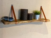 Wandplank Eiken 60 x 20-25 cm - Boomstam wandplank - Leren bandjes