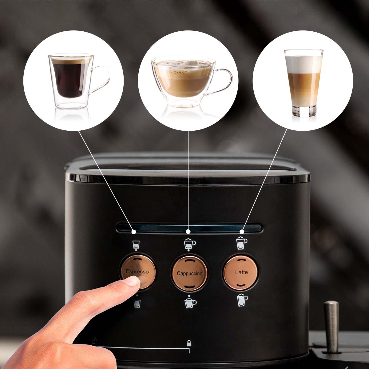 Afbeelding 3 van Blumill Koffiemachine - Pistonmachine - incl. Automatische Melkschuimer - Zwart / Rosé